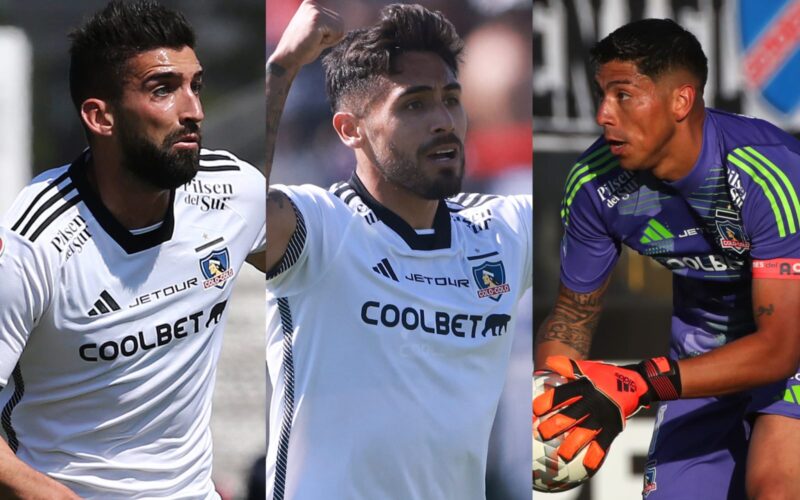 Primer plano a Emiliano Amor, Marcos Bolados y Brayan Cortés con camiseta de Colo-Colo.