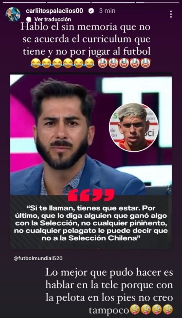 Historia de Instagram de Carlos Palacios contra Johnny Herrera.