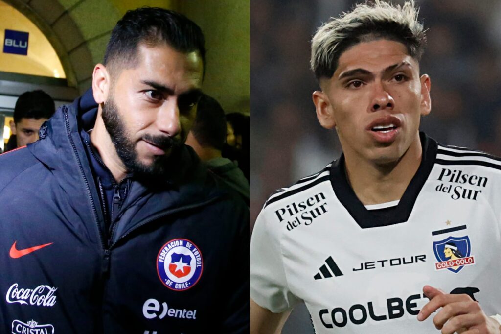 Johnny Herrera y Carlos Palacios con indumentaria de la Selección Chilena y Colo-Colo, respectivamente.