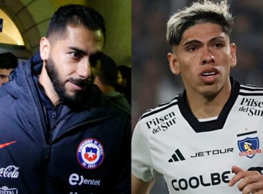 Johnny Herrera y Carlos Palacios con indumentaria de la Selección Chilena y Colo-Colo, respectivamente.