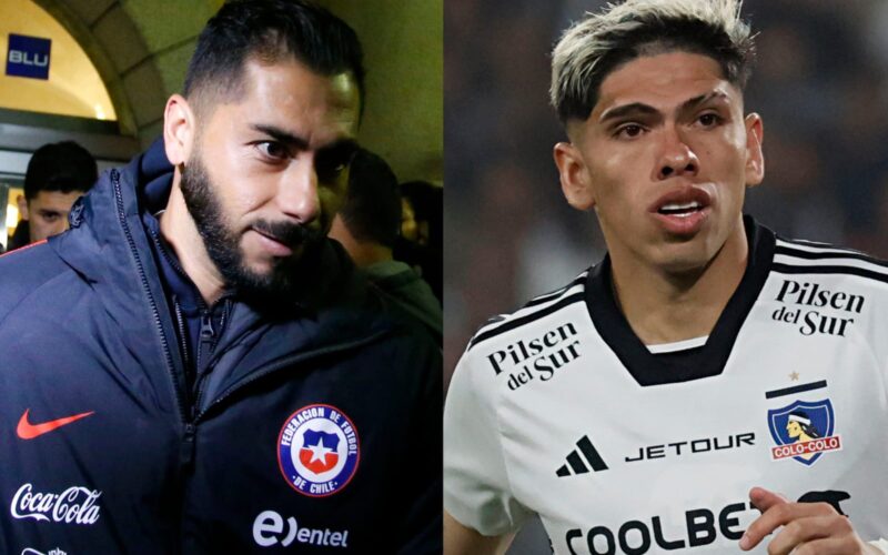 Johnny Herrera y Carlos Palacios con indumentaria de la Selección Chilena y Colo-Colo, respectivamente.