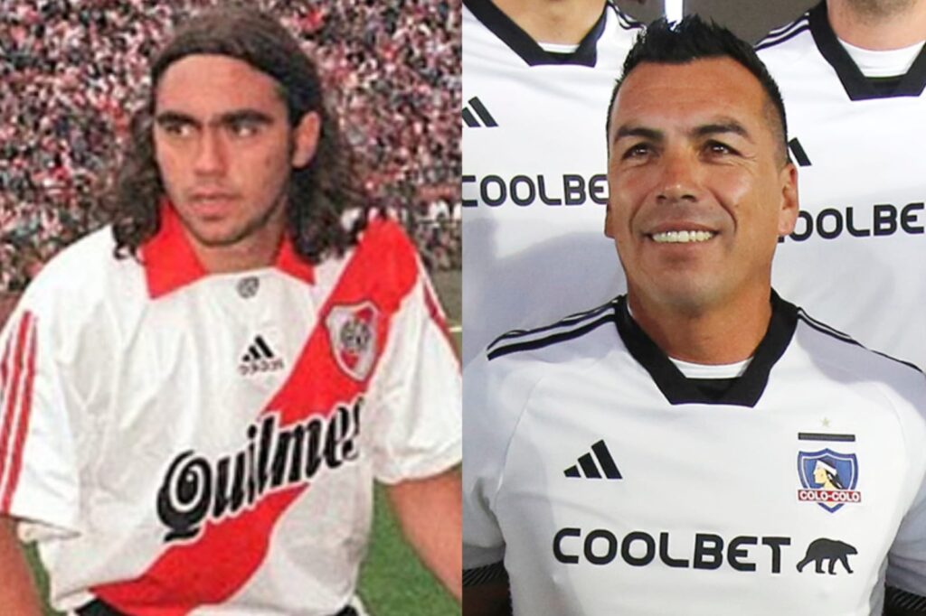 Juan Pablo Sorín y Esteban Paredes con la camiseta de River Plate y Colo-Colo