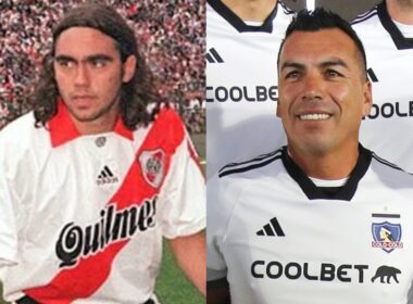 Juan Pablo Sorín y Esteban Paredes con la camiseta de River Plate y Colo-Colo