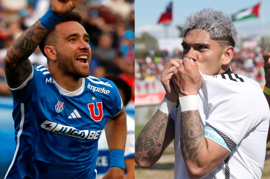 Primer plano a Matías Zaldivia y Carlos Palacios con la camiseta de Universidad de Chile y Colo-Colo.