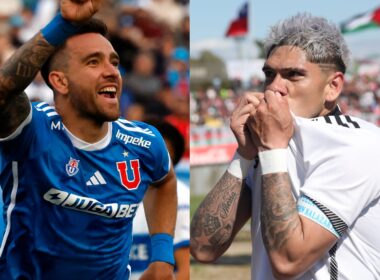 Primer plano a Matías Zaldivia y Carlos Palacios con la camiseta de Universidad de Chile y Colo-Colo.