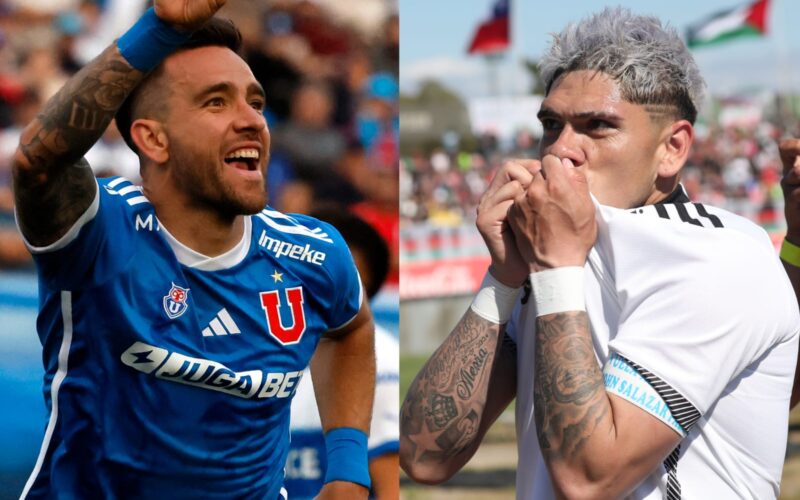 Primer plano a Matías Zaldivia y Carlos Palacios con la camiseta de Universidad de Chile y Colo-Colo.