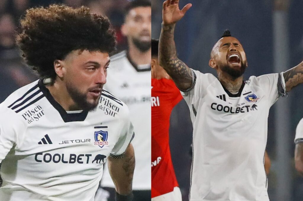 Primer plano a Maximiliano Falcón y Arturo Vidal con indumentaria de Colo-Colo.