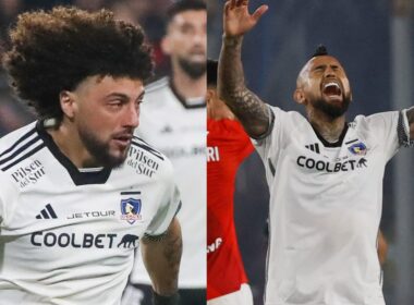 Primer plano a Maximiliano Falcón y Arturo Vidal con indumentaria de Colo-Colo.