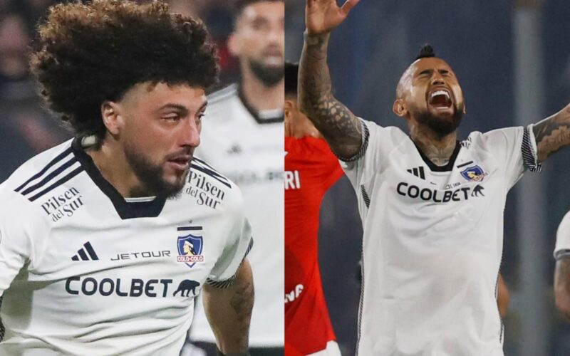 Primer plano a Maximiliano Falcón y Arturo Vidal con indumentaria de Colo-Colo.