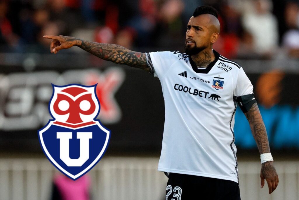 Arturo Vidal con camiseta de Colo-Colo y brazo extendido, junto al escudo de Universidad de Chile.