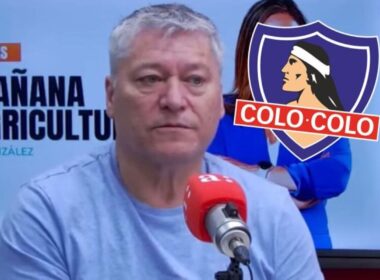 Primer plano de Patricio Yáñez junto al escudo de Colo-Colo.