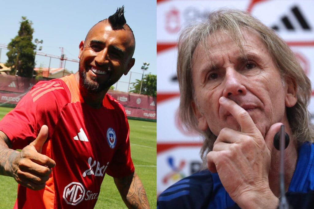 Primer plano a Arturo Vidal y Ricardo Gareca con indumentaria de la Selección Chilena.