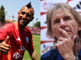 Primer plano a Arturo Vidal y Ricardo Gareca con indumentaria de la Selección Chilena.