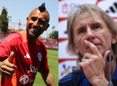 Primer plano a Arturo Vidal y Ricardo Gareca con indumentaria de la Selección Chilena.