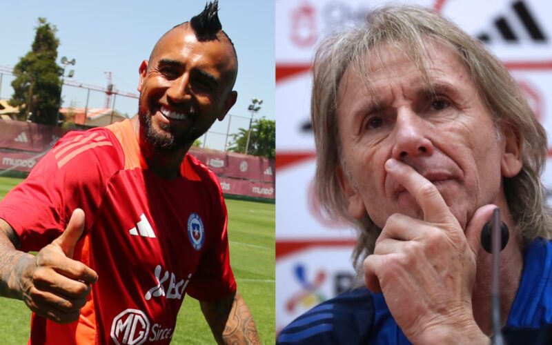 Primer plano a Arturo Vidal y Ricardo Gareca con indumentaria de la Selección Chilena.