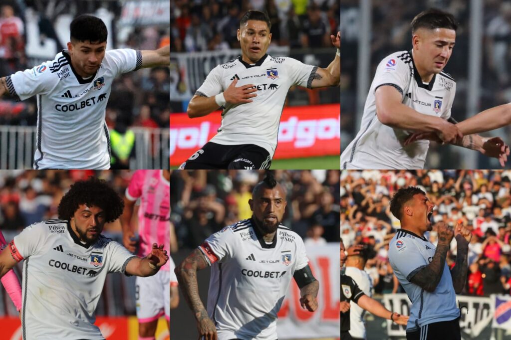 Cristián Riquelme, Óscar Opazo, Guillermo Paiva, Maximiliano Falcón, Arturo Vidal y Alan Saldivia con camiseta de Colo-Colo