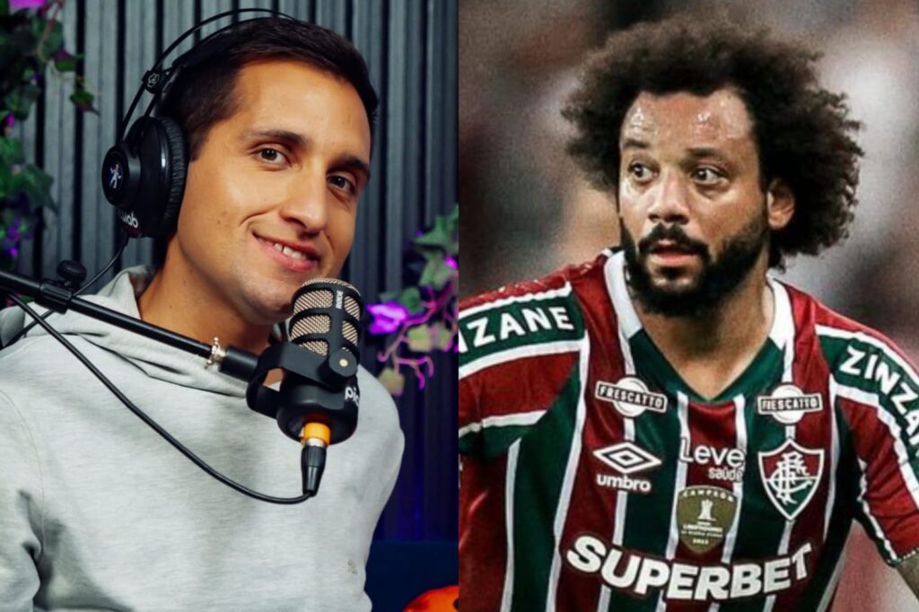 Primer plano a Daniel Arrieta y Marcelo con camiseta de Fluminense.