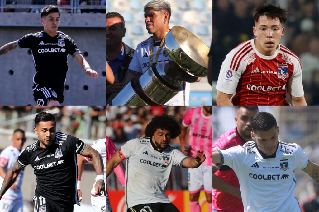 Erick Wiemberg, Carlos Palacios, Leandro Hernández, Marcos Bolados, Maximiliano Falcón y Lucas Cepeda con la camiseta de Colo-Colo.