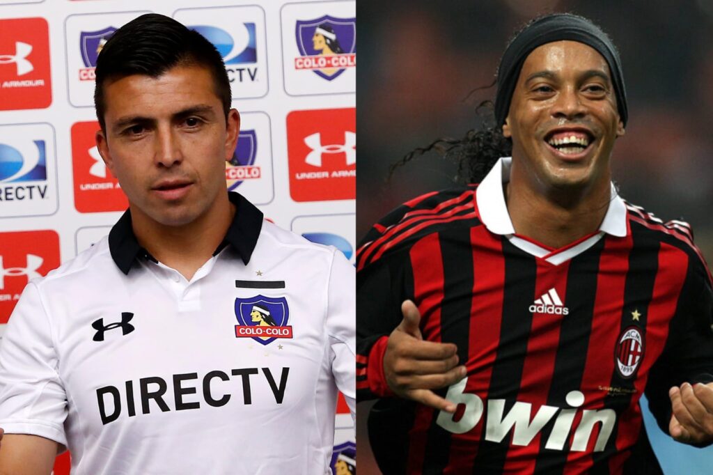 Primer plano a Gonzalo Fierro con camiseta de Colo-Colo y Ronaldinho con indumentaria del AC Milan.