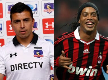 Primer plano a Gonzalo Fierro con camiseta de Colo-Colo y Ronaldinho con indumentaria del AC Milan.