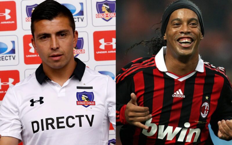 Primer plano a Gonzalo Fierro con camiseta de Colo-Colo y Ronaldinho con indumentaria del AC Milan.