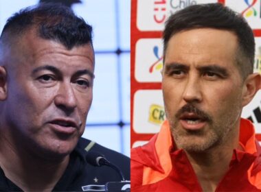 Primer plano de Jorge Almirón y Claudio Bravo.