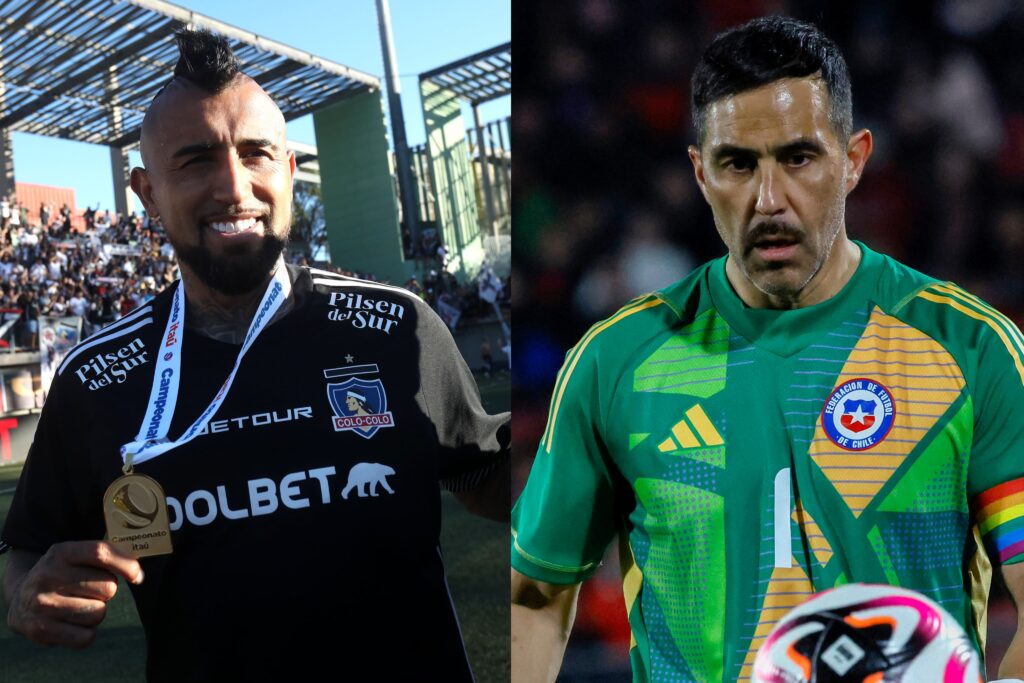 Arturo Vidal celebrando la estrella 34 de Colo-Colo y Claudio Bravo con la camiseta de la Selección Chilena.