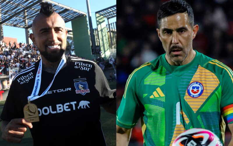 Arturo Vidal celebrando la estrella 34 de Colo-Colo y Claudio Bravo con la camiseta de la Selección Chilena.