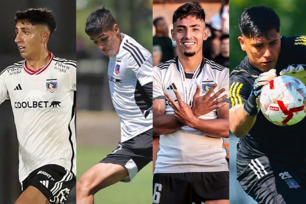 Bryan Soto, Pedro Navarro, Dylan Portilla y Julio Fierro con la camiseta de Colo-Colo.