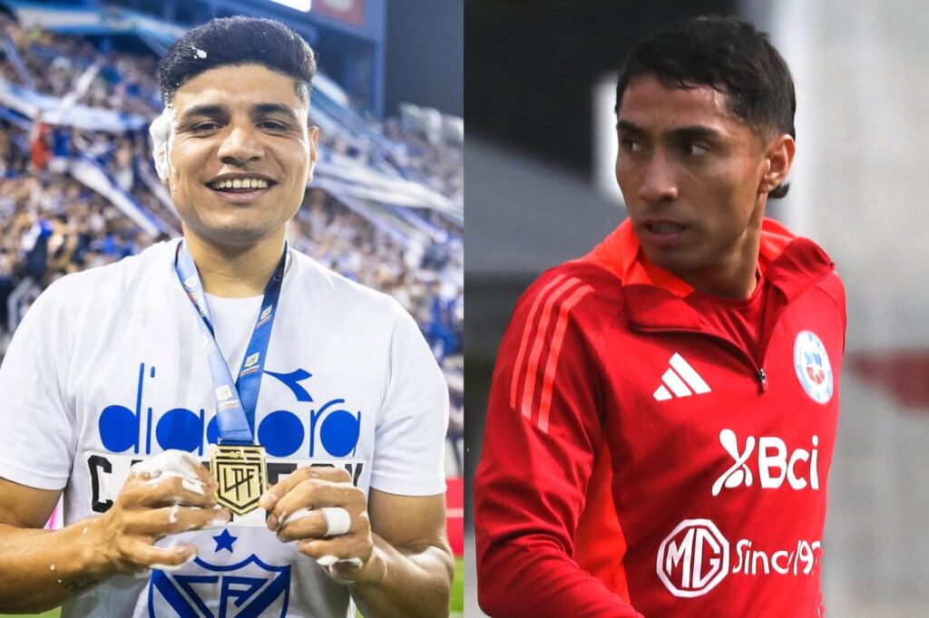 Claudio Aquino celebrando un título con Vélez Sarsfield y Luciano Cabral en un entrenamiento con la Selección Chilena.