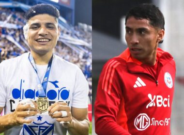 Claudio Aquino celebrando un título con Vélez Sarsfield y Luciano Cabral en un entrenamiento con la Selección Chilena.