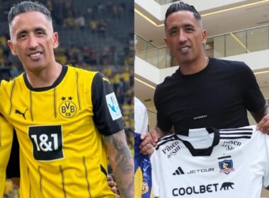 Lucas Barrios con las camisetas de Borussia Dortmund y Colo-Colo.