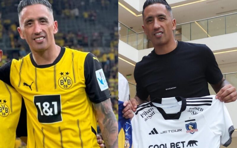 Lucas Barrios con las camisetas de Borussia Dortmund y Colo-Colo.