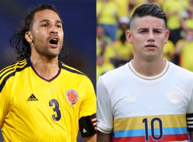 Mario Yepes y James Rodríguez con la camiseta de la Selección Colombiana.