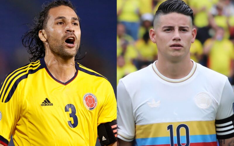 Mario Yepes y James Rodríguez con la camiseta de la Selección Colombiana.