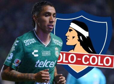 Primer plano de Luciano Cabral junto al escudo de Colo-Colo.