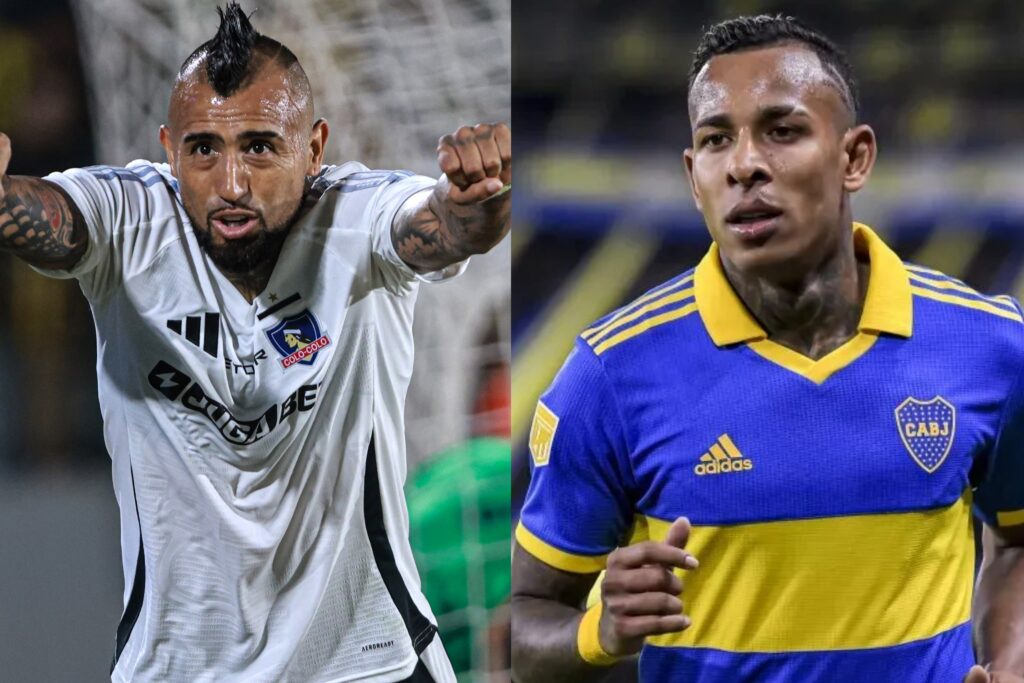 Arturo Vidal y Sebastián Villa con la camiseta de Colo-Colo y Boca Juniors.