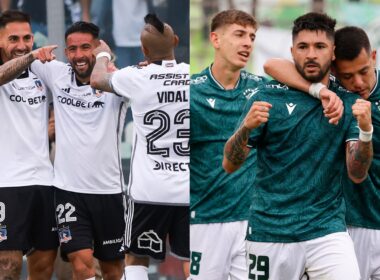 Jugadores de Colo-Colo y Santiago Wanderers celebrando un gol.