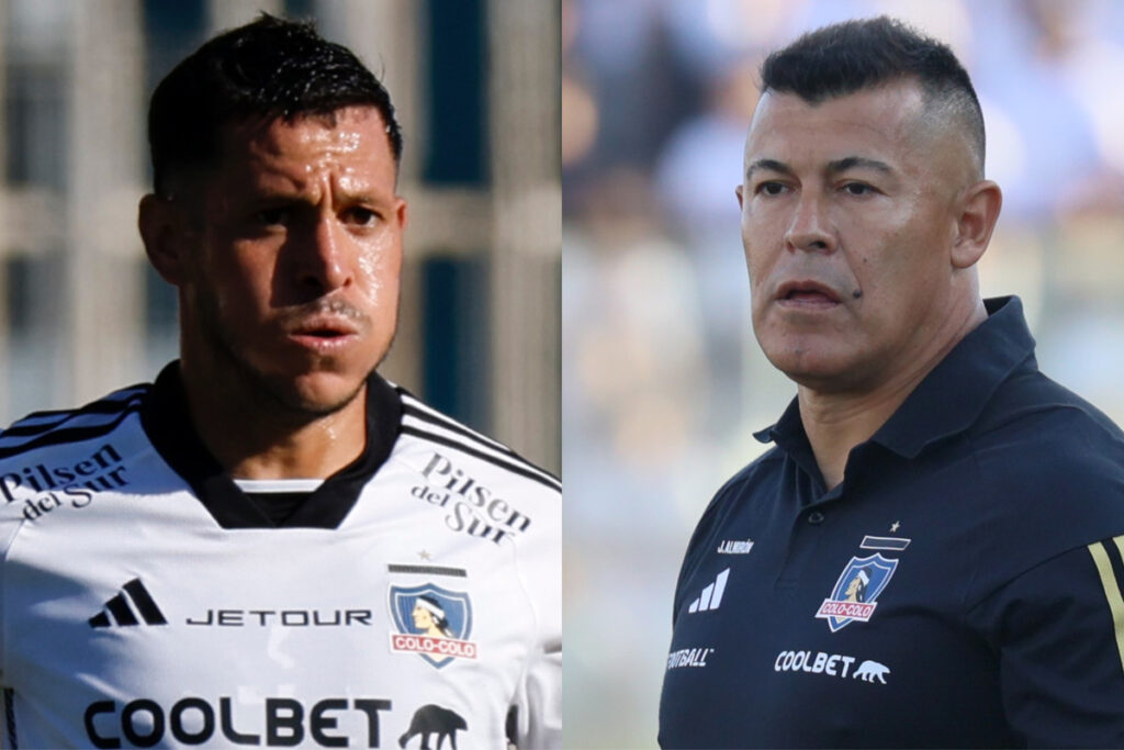 Primer plano de Ramiro González y Jorge Almirón con la camiseta de Colo-Colo.