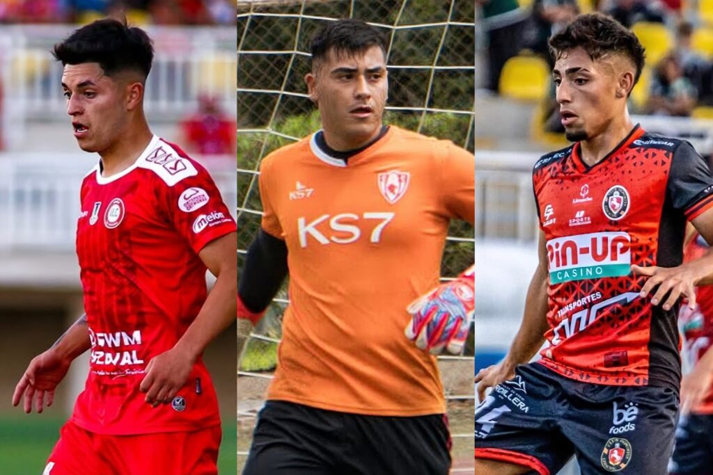 Felipe Yáñez, Julio Fierro y Dylan Portilla con camisetas de Unión la Calera, Deportes Copiapó y Deportes LImache.