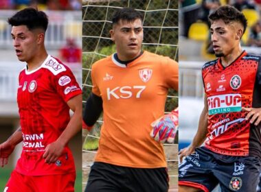 Felipe Yáñez, Julio Fierro y Dylan Portilla con camisetas de Unión la Calera, Deportes Copiapó y Deportes LImache.