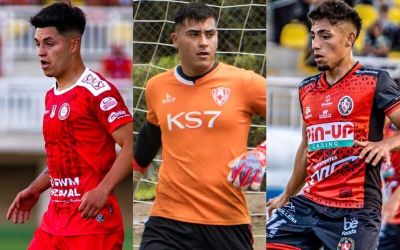 Felipe Yáñez, Julio Fierro y Dylan Portilla con camisetas de Unión la Calera, Deportes Copiapó y Deportes LImache.