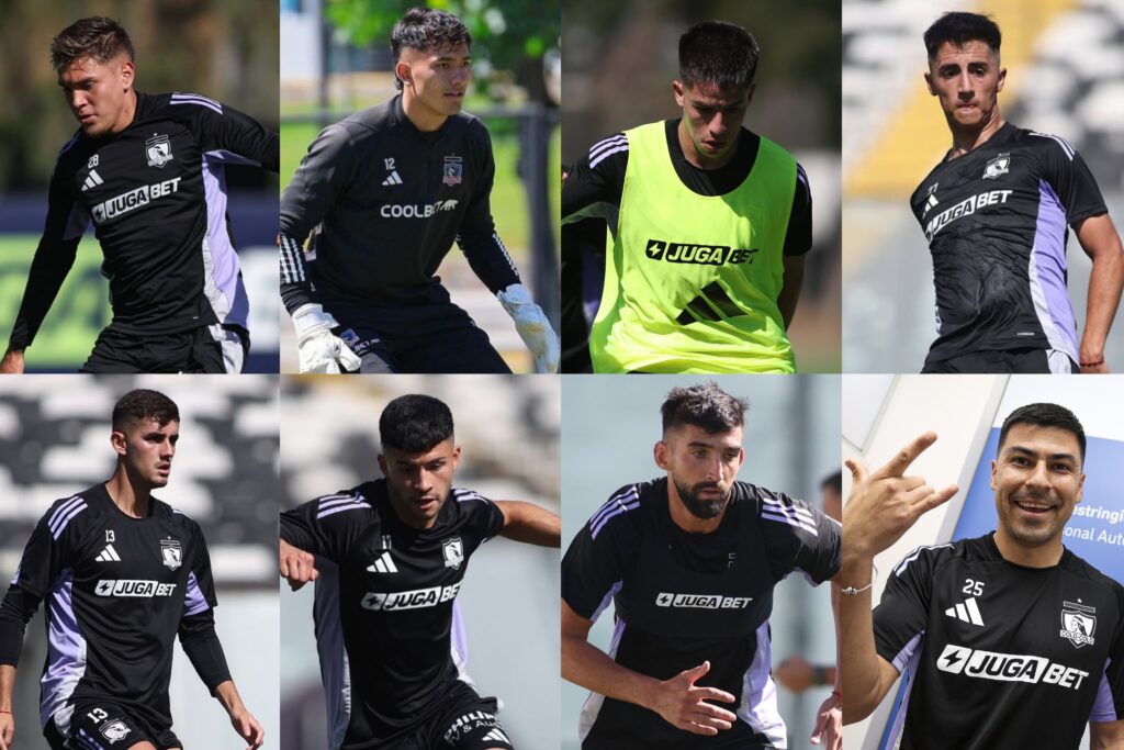 Lucas Soto, Eduardo Villanueva, Matías Moya, Diego Plaza, Bruno Gutiérrez, Cristián Riquelme, Emiliano Amor y Tomás Alarcón con la camiseta de Colo-Colo.