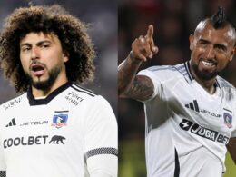 Maximiliano Falcón y Arturo Vidal con camiseta de Colo-Colo.