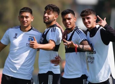 Nicolás Garrido, Jeyson Rojas, Daniel Gutiérrez y Bruno Gutiérrez durante un entrenamiento de Colo-Colo.