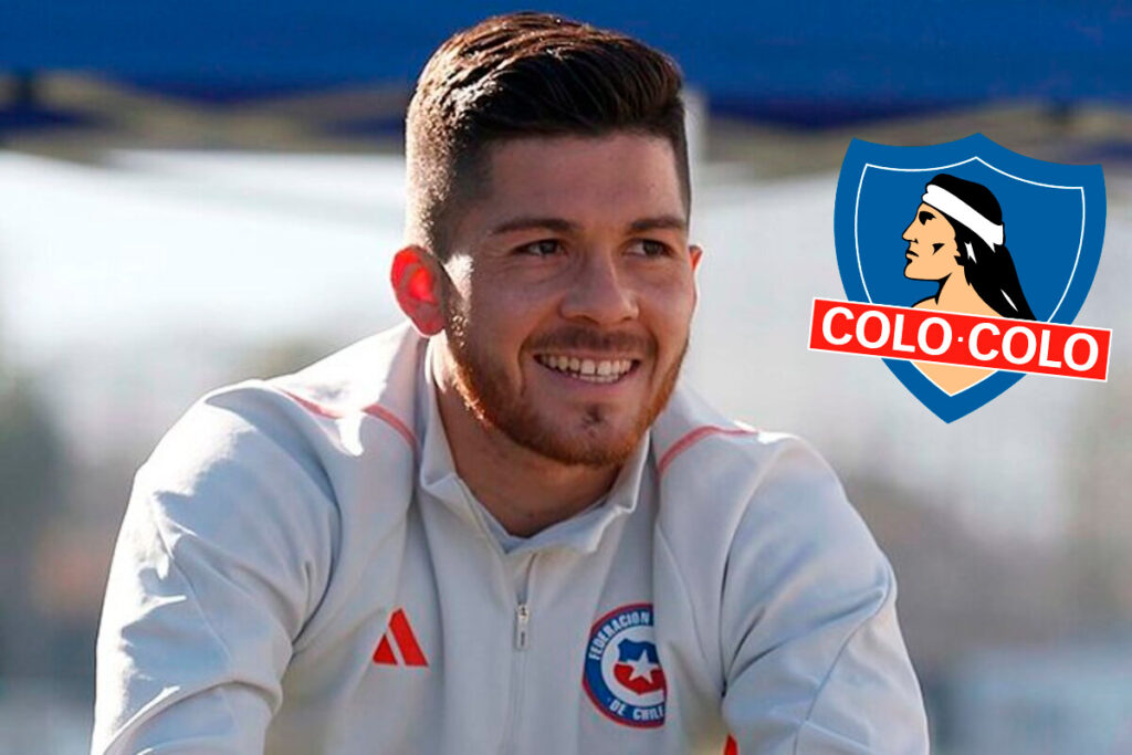 Primer plano de Víctor Felipe Méndez junto al escudo de Colo-Colo.