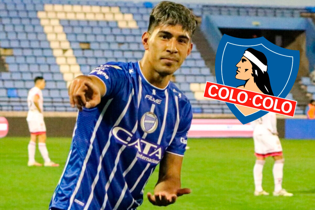 Primer plano de Salomón Rodríguez junto al escudo de Colo-Colo.