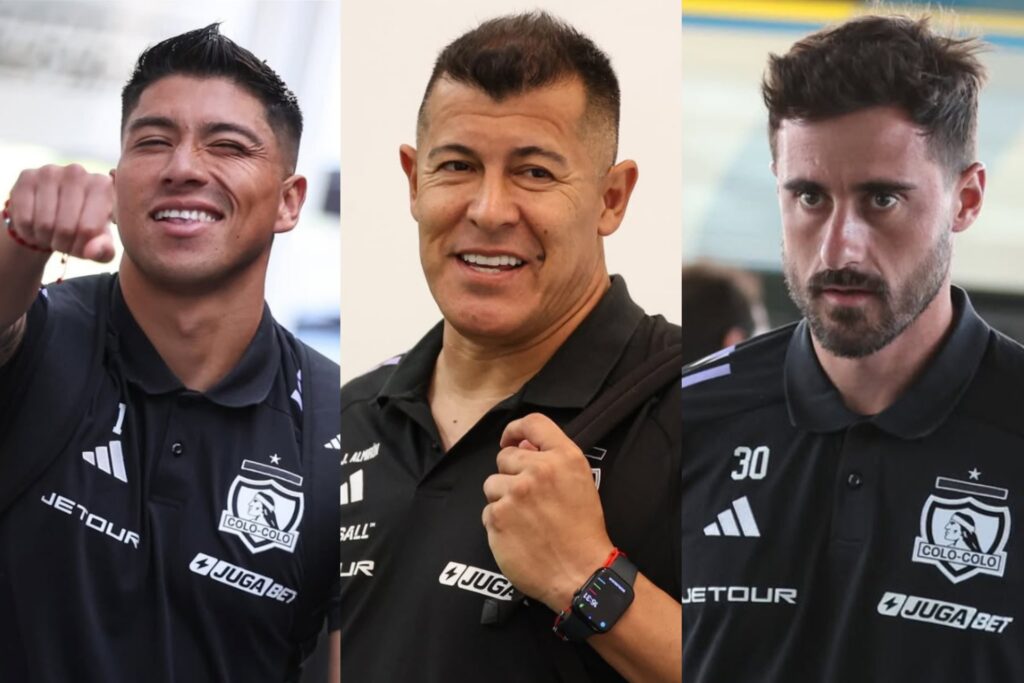 Brayan Cortés, Jorge Almirón y Fernando de Paul con camiseta de Colo-Colo.