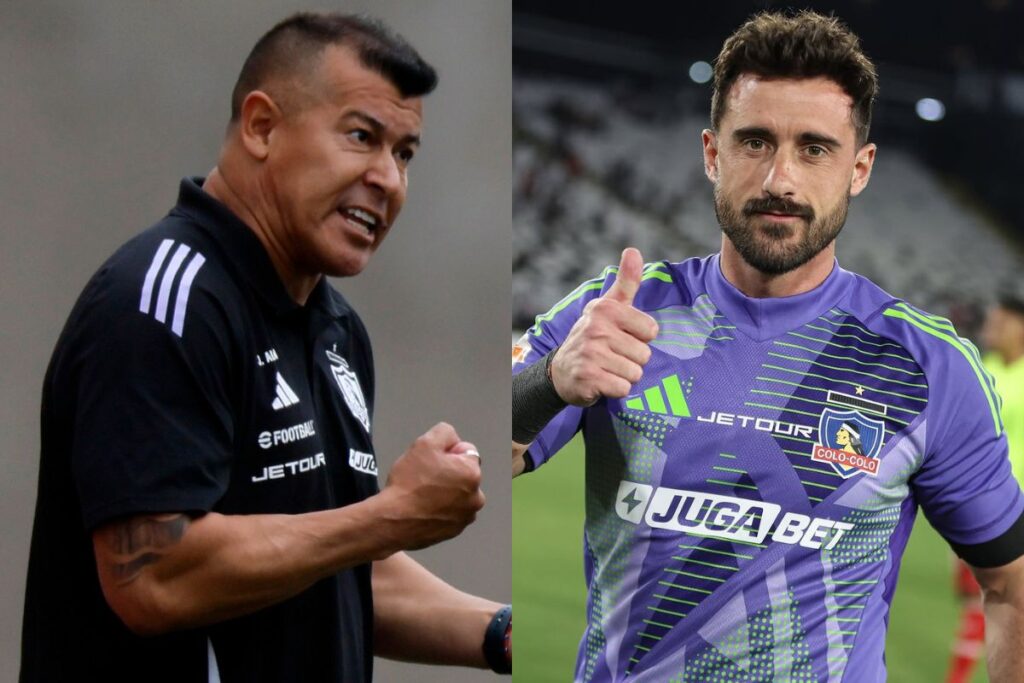 El técnico de Colo-Colo Jorge Almirón y el portero Fernando De Paul.