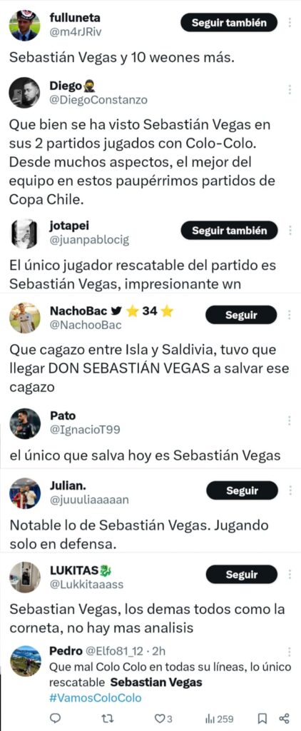 Hinchas de Colo-Colo llenan de elogios a Sebastián Vegas en X.